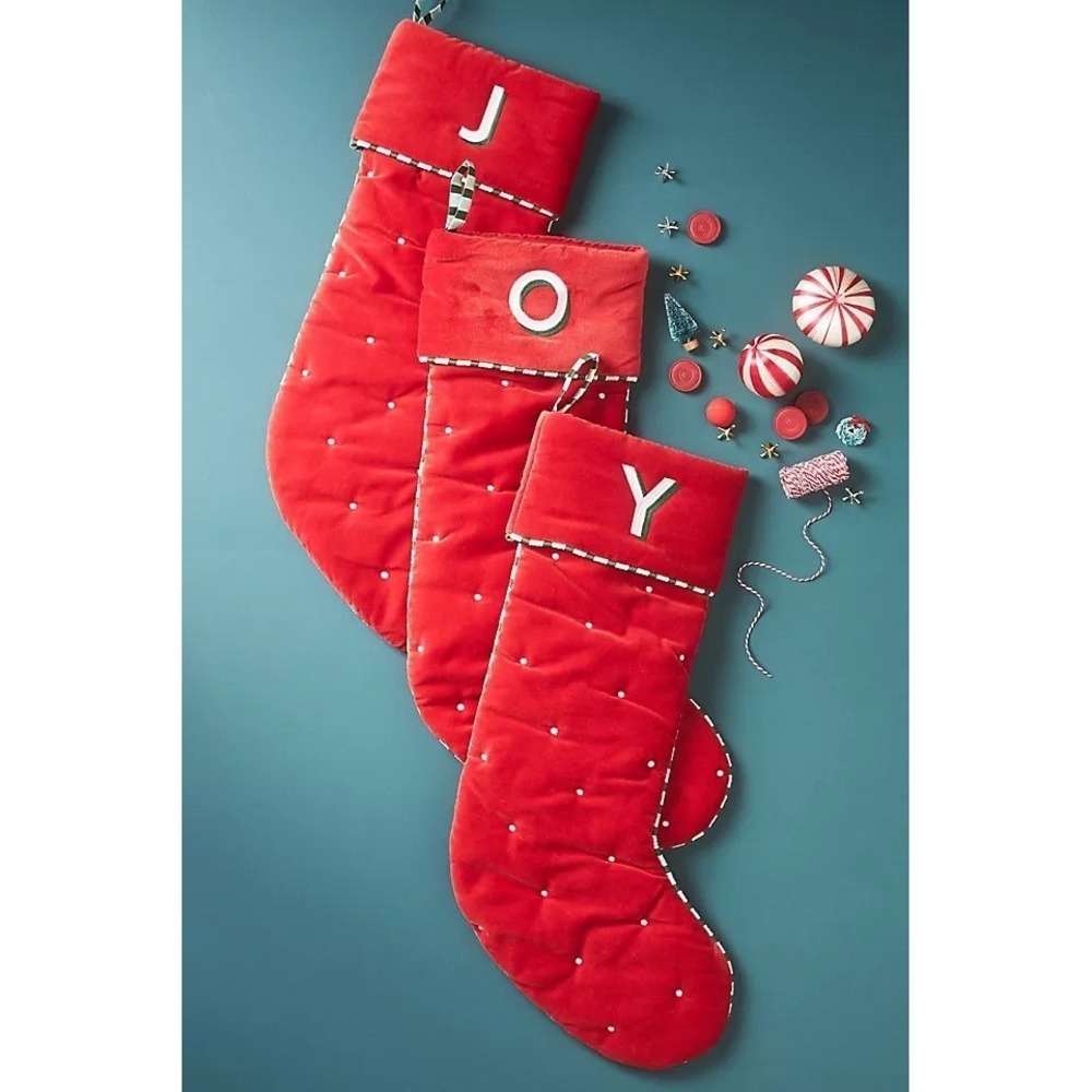 Anthropologie NEW Red Velvet Polka Dot Monogram "N" Holiday Decor Stocking
